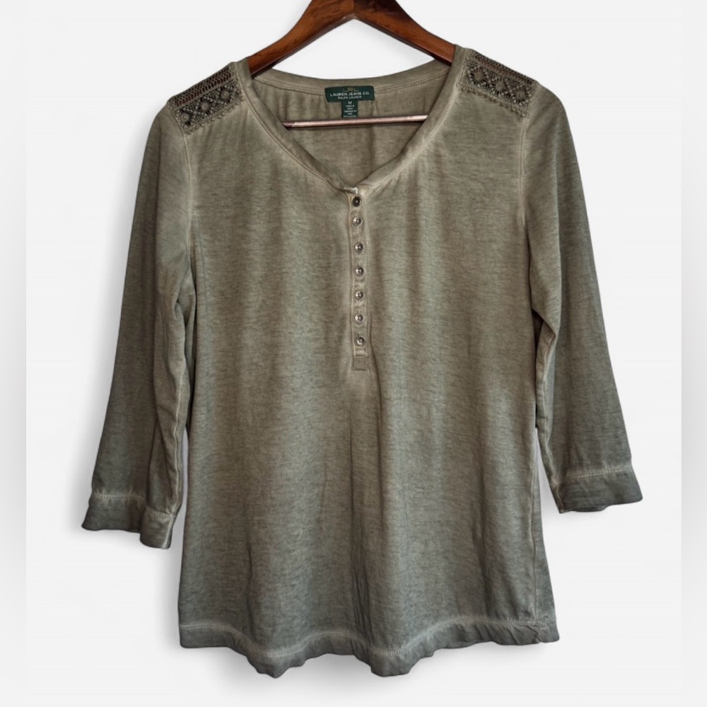 LRL Lauren Jeans Co Green Long Sleeve Shirt Garment Dyed Crochet Detail Medium